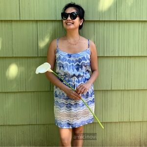 Blue and white tie dye crochet lace sundress short dress